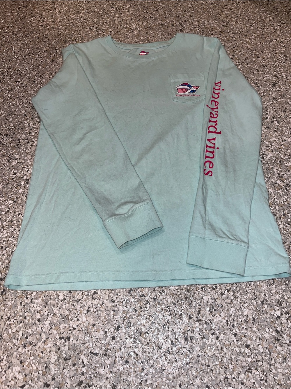 Vineyard Vines Long-Sleeve Pocket Tee in Mint Green with Pink Sleeve Logo